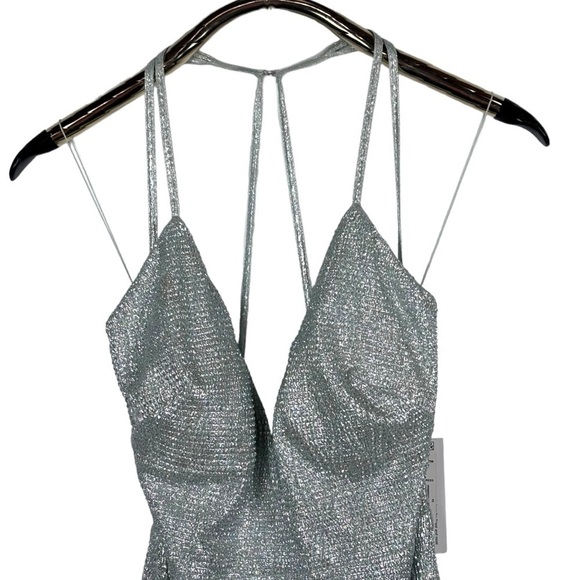 AIDEN MADDOX CELADON FOIL METALLIC KNIT STRAPPY V-NECK LONG FORMAL GOWN DRESS - Picture 12 of 15